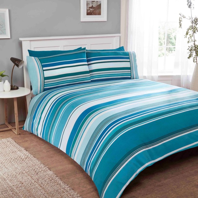 Striped Teal 100 Brushed Cotton Single Duvet Cover Bedding Sets