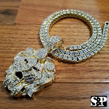 Men Hip Hop Iced Big Lion Head pendant & 16" 18" 20" 1 ROW Tennis chain set