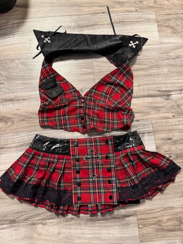 Vintage Vorspiel rot kariert Rock & Top Set schwarz Spitze Kreuz Akzente M/L Punk Grunge - Bild 11 von 13