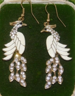 Boucles D'oreilles Pendantes En Strass Émail Blanc Oiseau De Paradis 8K 64 - Photo 1/4