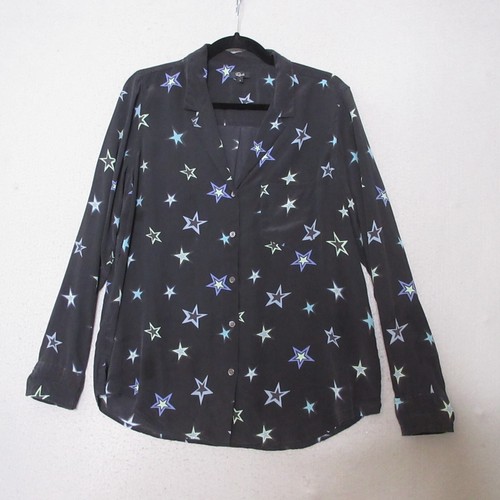 Rails Top Blouse Women Large Black Cosmic Stars Rebel Silk Button Up Pocket