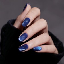Diamond Blue Cat Eye False Nail Short Square Press on Nails for Nail Art 24pcs