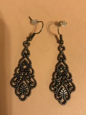 Retro Bronze Victorian Filigree Dangling French Fish Hook Earrings
