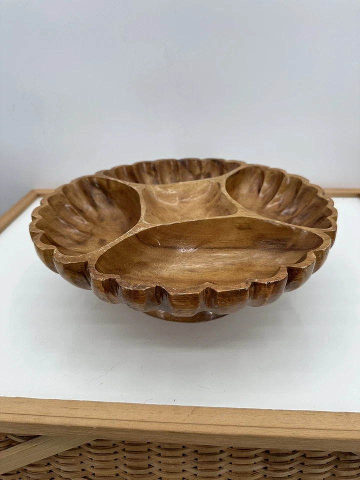 Vtg Wooden Wood LAZY SUSAN Monkey Pod Teak 12 " Carved Tiki Polynesian Server - Image 3 of 4