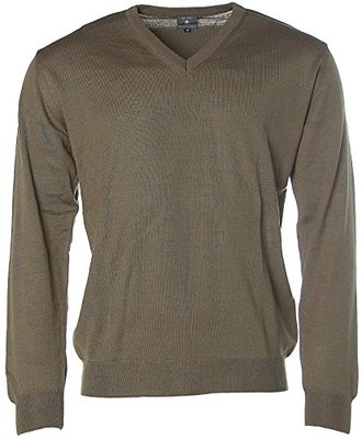 Kitaro Herren Langarm Pullover Strick Wolle V-Ausschnitt M grün olive X5164
