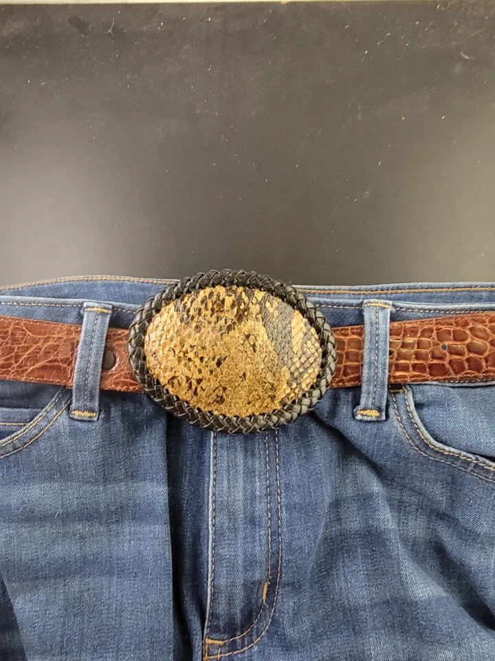 Hebilla de cinturón de piel de serpiente de pitón estilo vaquero occidental grande auténtico hecho a mano nuevo Foto 4 de 4