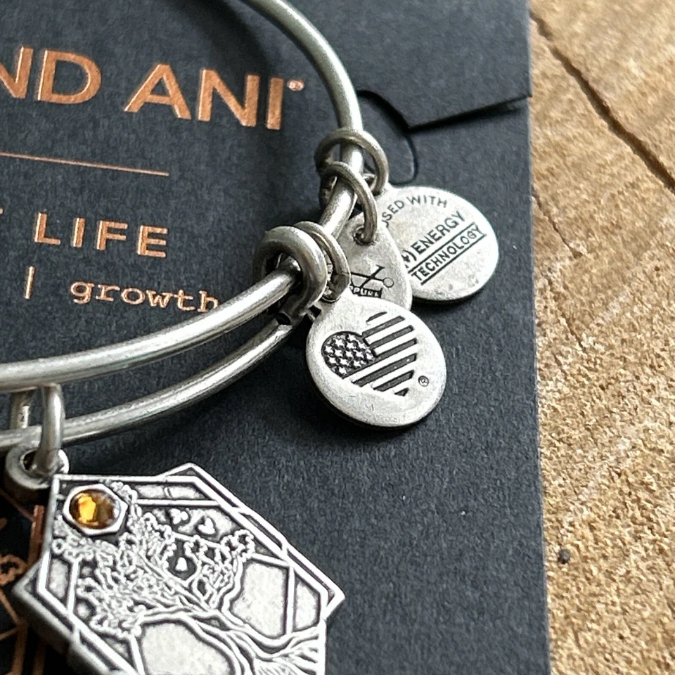 Alex and Ani "TREE OF LIFE" Prata Âmbar Swarovski Berloque Aj Pulseira com Cartão Novo com etiquetas - Imagem 3 de 4