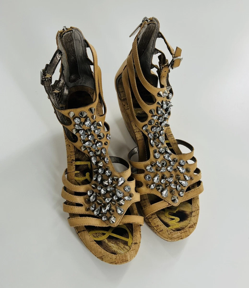 SAM EDELMAN Randi Sz 9 M Tan Leather Clear Rhinestones Studs Wedge