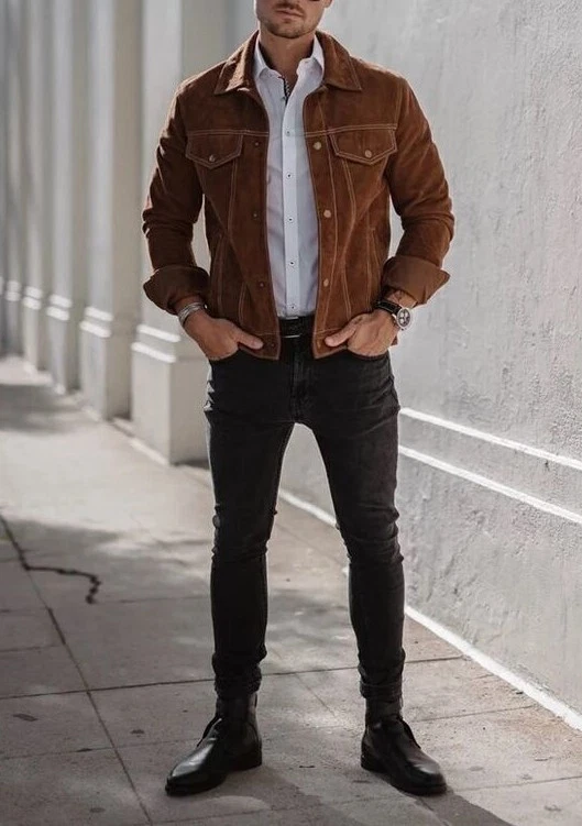 Mens Brown Leather Trucker Jacket Pure Suede Custom Made Size S M L XL 2XL 3XL