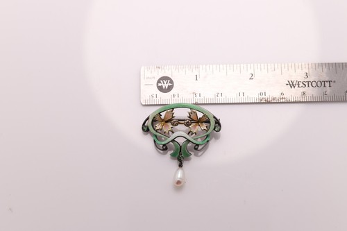Vintage Nouveau 1910 Enamel Brooch Pin Sterling Silver and 18K Gold/Brooch - Picture 2 of 9