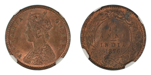 British India 1/12 Anna 1876 (C) KM# 465 NGC Graded MS-64 RB Rare