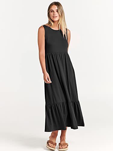 Women Summer Casual Sleeveless Crewneck Sundress Aline Flowy Medium Black - Picture 4 of 7