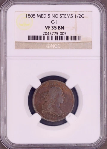 1805 Draped Bust Half Cent Small 5 No Stems C-1 NGC VF35 - Nice Original Coin PQ