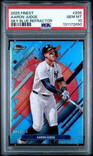 Aaron Judge 2025 Topps Finest Rare (Bookend) Sky Blue Refractor 1/150 PSA 10