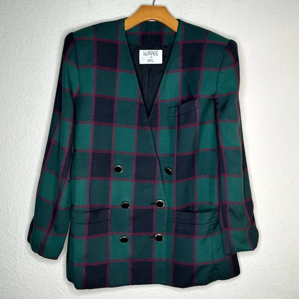 Blazer de Colección Kasper Cuadros Doble Pecho Grande Academia Preppy Verde Talla Grande Foto 2 de 4
