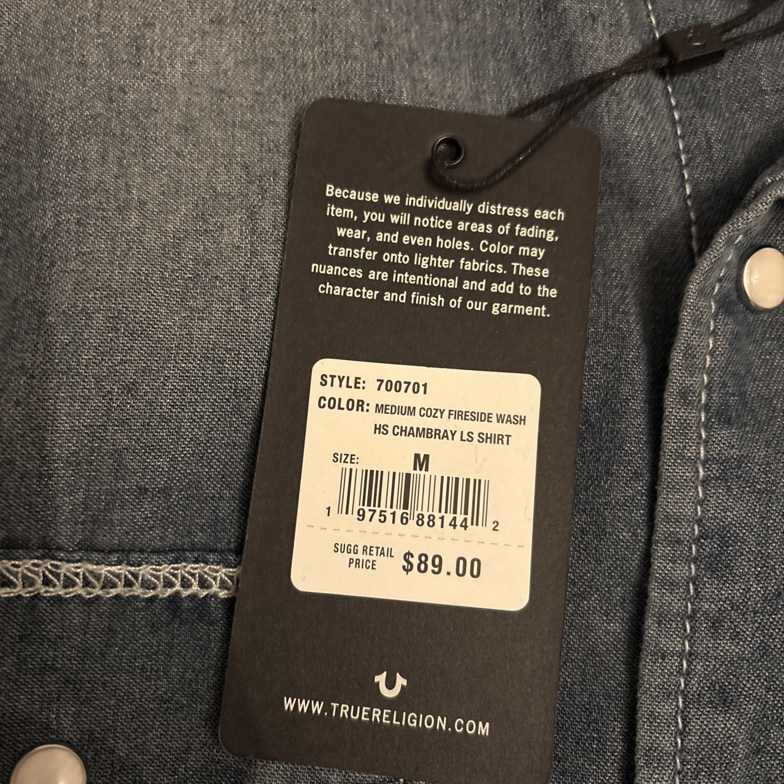 True Religion Men's Size M Medium Wash Long Sleeve Chambray Snap Denim Shirt NWT thumbnail 3