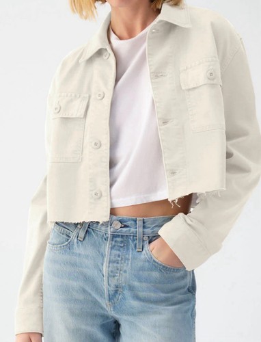 AMO Anthropologie Carly Cropped Jacket Bone White Pockets Buttons Raw Fringe XS - Picture 2 of 17