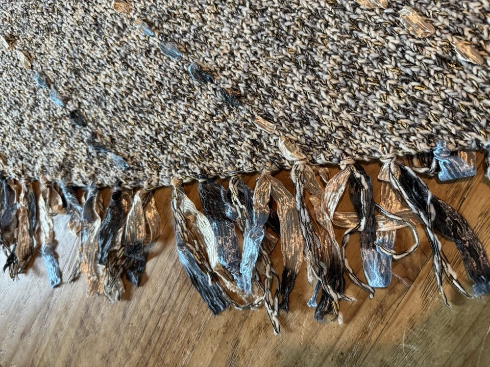 Chico's Mantón Tejido Metálico Flecos Envoltura Gris Beige Azul Dorado Mezcla de Lana Boho Foto 4 de 4