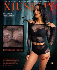 Women Lingerie Set Two Piece Fishnet Sets Skull Top and Panty for Halloween