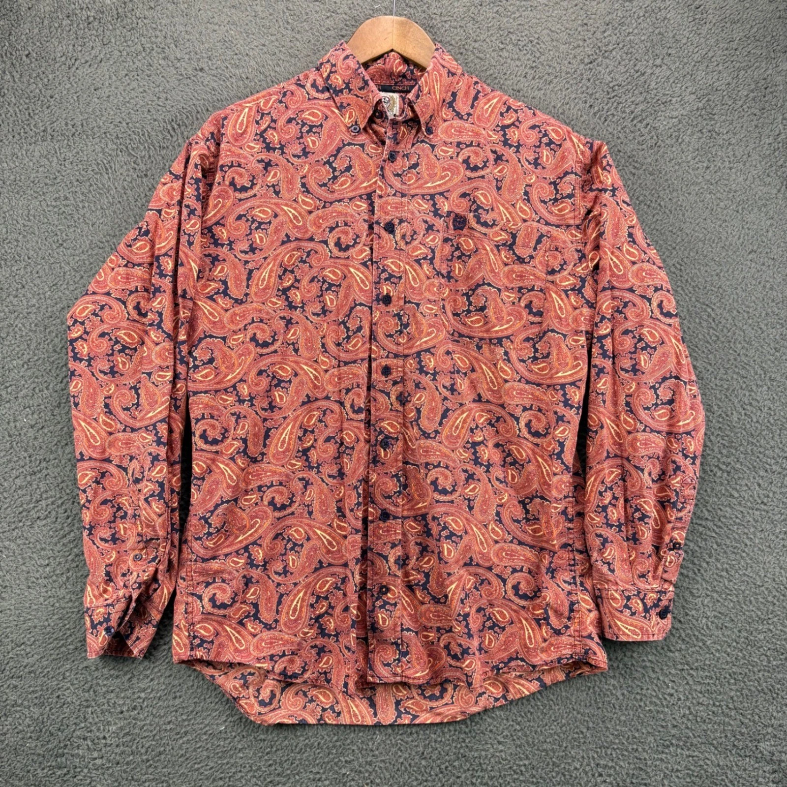 Cinch Mens Small Paisley Button Down Shirt Long Sleeve Cotton Red Blue Orange