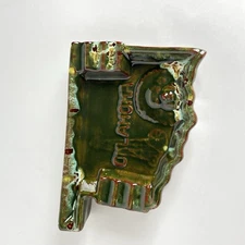Vintage Oklahoma Shaped Mid Century Modern Ashtray Green And Brown