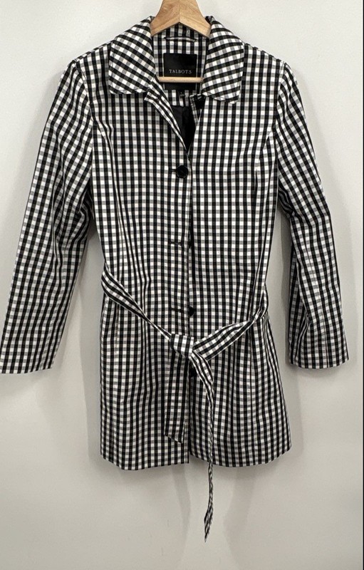 Talbots Women's Black White Check Gingham Belted Button Front Trench Coat Size 4