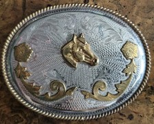 Alpaca Mexico Horse Head Two Tone Metal Belt Buckle Rancher Western Wear Vintage
