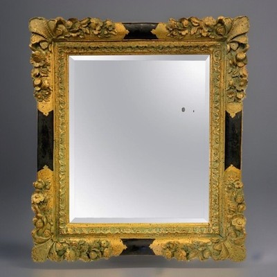 Heavily Gilded Hand Carved Neoclassical Giltwood and Black 32 x28  Mirror