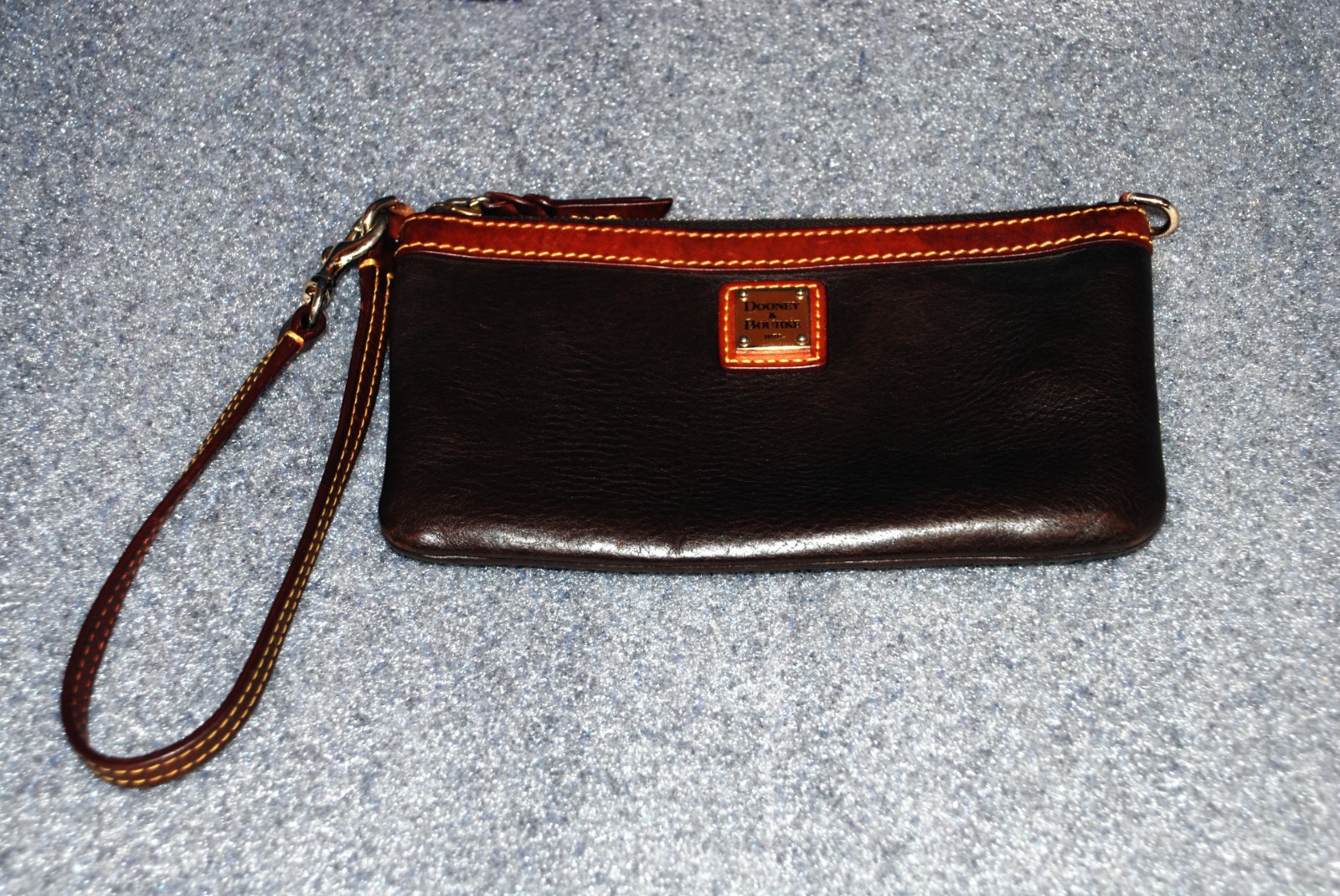 Dooney & Bourke Slim Wristlet Zip Clutch/ Leather/Brown With Red Lining