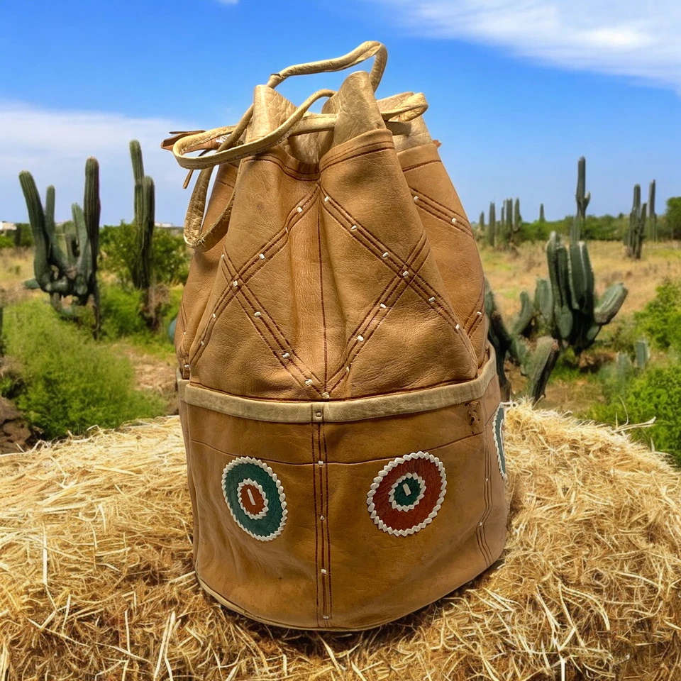 Cartera Bolso Cubo Vintage Hecha a Mano Cuero de Piel para Niños Suroeste con Cordón Foto 3 de 4