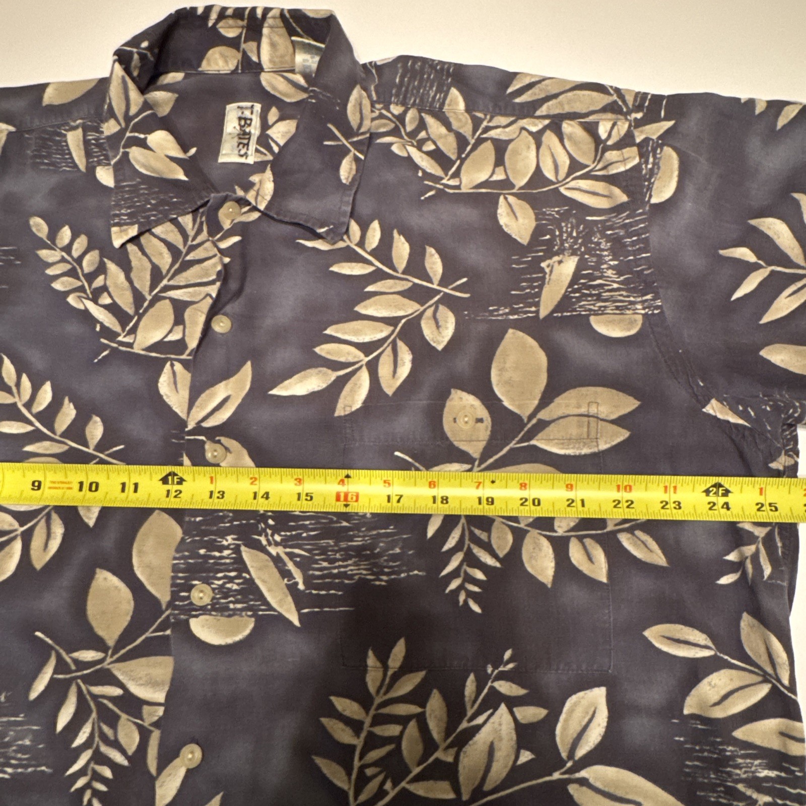 T. Bates Mens Large Tropical Leaf Print Button Up Shirt Cotton Linen Rayon Gray image 3