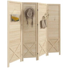 4 Panel Pegboard Display Room Divider, 4.7' Tall Wood Folding Privacy Screen,...