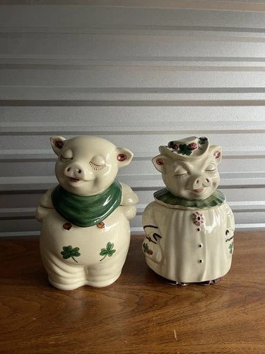 Vintage Shawnee Pottery Winnie The Pig Cookie Jar USA Clover Shamrock Lot Of 2