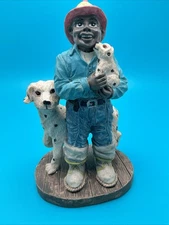 Vintage 1994 Young’s Inc. Fireman Figurine w/ Dalmatian Dogs, Hand painted Resin