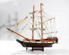 Sailing Ship - Wood Model - Two Masted, Fabric Sails Furled - Vintage