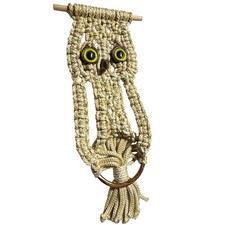 Vintage 1970s Boho Fuzzy Owl Macrame Towel Ring Wall Hanging 18 Inch
