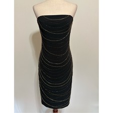 David Meister Strapless Black Beaded Midi Length Cocktail Pencil Dress Size 10