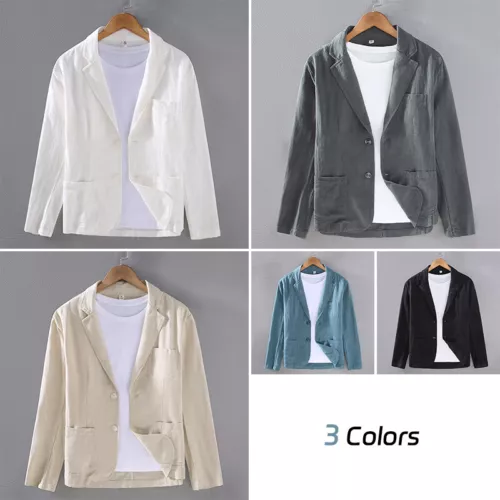 Herren Lässig Baumwolle Leinen Blazer Zwei Knopf Anzug Formell Business Jacke Slim Fit - Bild 5 von 28