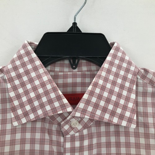 ISAIA Napoli Shirt Mens 16.5 42 Pink White Blue Plaid Button Up Long Sleeve Men - Picture 9 of 19
