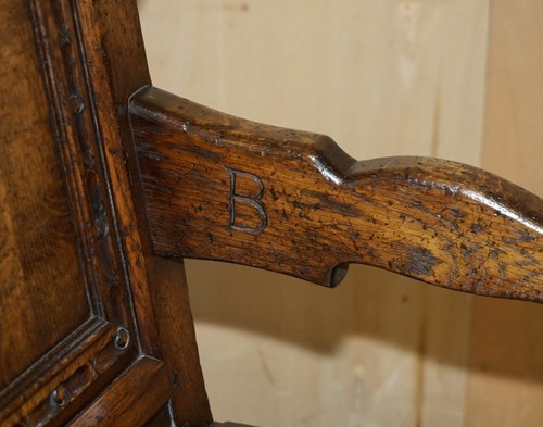 FINE & RARE ORIGINAL 19TH CENTURY WAINSCOT ARMCHAIR ENGLAND OAK WITH SIDE DRAWER - Picture 21 of 24