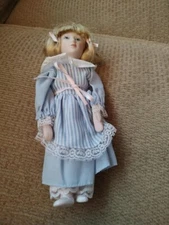 PORCELAIN DOLL GIRL in Sunday dress 7.5" Painted eyes handcrafted
