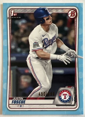 Justin Foscue 2020 Bowman Paper Sky Blue RC # D /499 #BD-124 Texas Rangers ESE