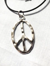 Large Peace Sign Symbol Oval Shape Hammered Look Silver Alloy Pendant Necklace