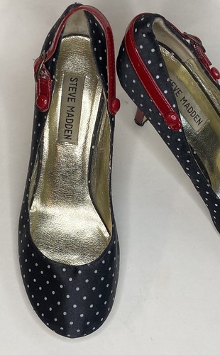 Steve Madden “LUVVY” WN Pumps SZ 6M Black W/ White Dots 3” Red Patent Heel - Picture 3 of 24