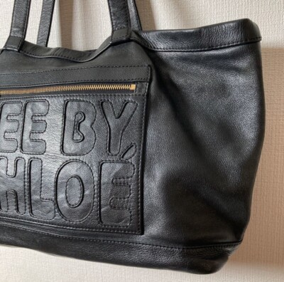 トートバッグ CHLOE Black Leather Large Shopping Bag Chloe Large Vintage Black Leather Zip Top Tote w/Padlock