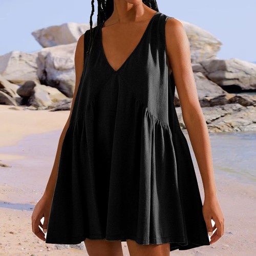 Womens Summer Sleeveless Mini Dress Casual Loose V Neck Sundress Babydoll Dress - Picture 3 of 16