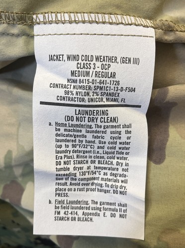 Chaqueta USGI Viento Clima Frío GEN III Multicam OCP Mediana Regular MR L4 NUEVA CON ETIQUETAS - Imagen 8 de 8