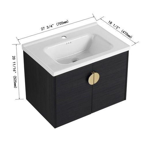 40" Floating Wall Mount Bathroom Vanity Cabinet +Ceramic Basin +Storage Shelves - Picture 9 of 9