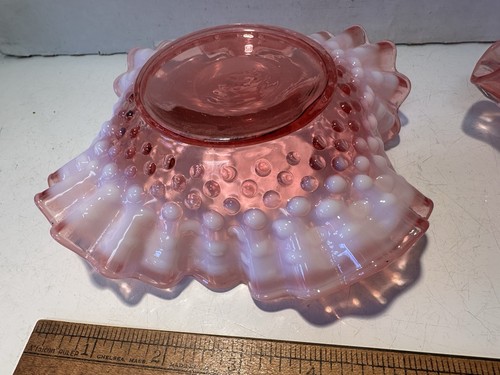 Pair Vintage Fenton Cranberry Glass Pink Hobnail Ruffled Edge Bowls Excellent - Picture 5 of 15