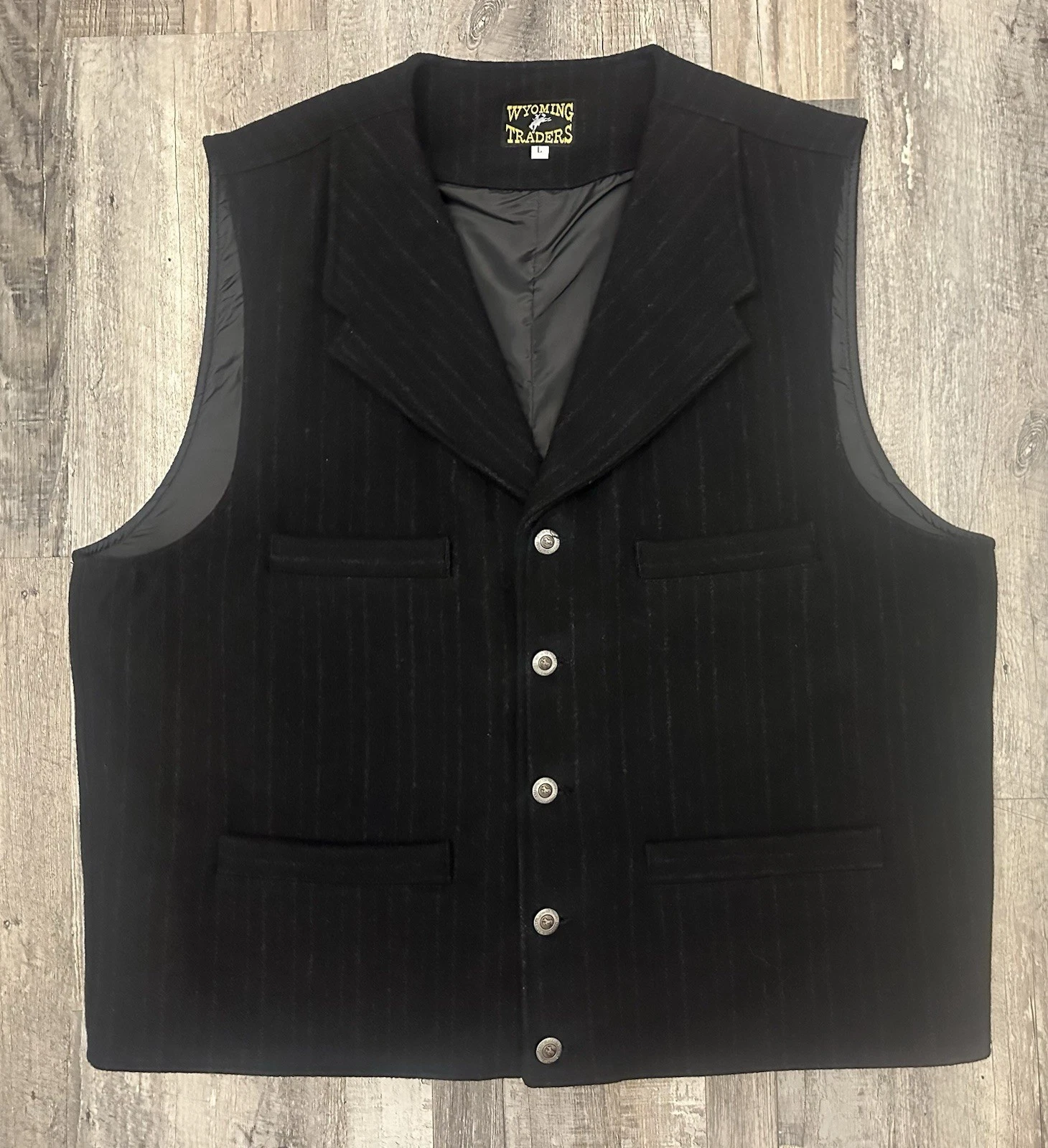 Wyoming Traders Mens L Banker Button Up Pinstriped Wool Vest 4 Pocket Charcoal